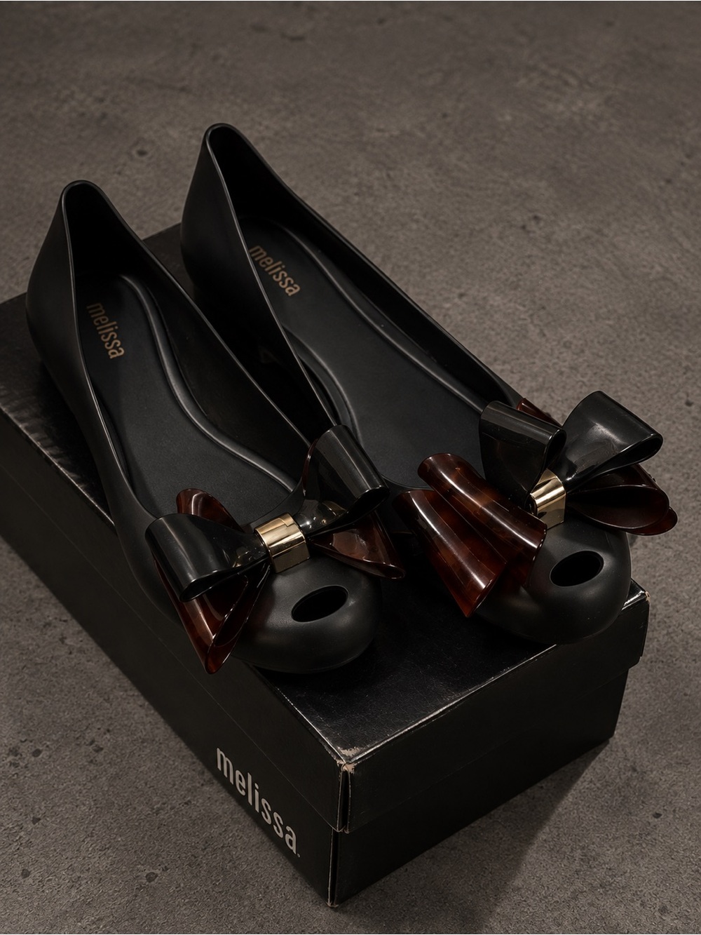 Melissa Black Jelly Flats with Tortoiseshell-Style Bow